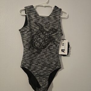 NWT Aero Leotard Gymnastics Dance Child Large With Scrunchie Turtle Grey Black